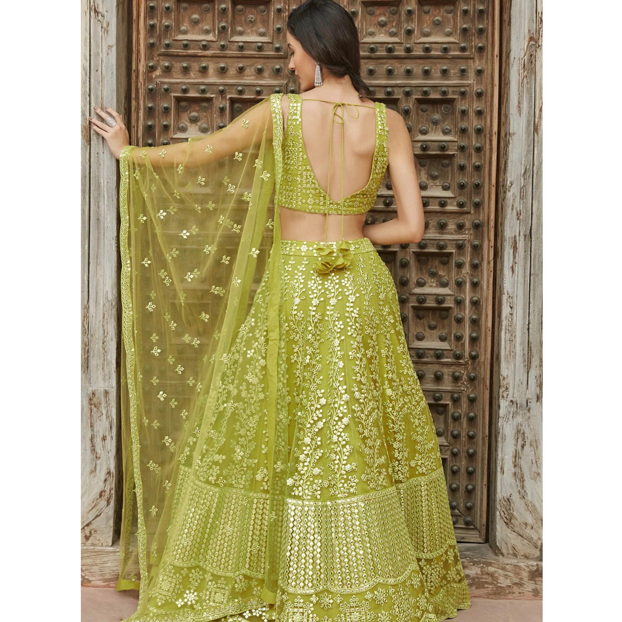 Pista Green Wedding Wear Designer Embroidered Organza Lahenga Choli - Peachmode