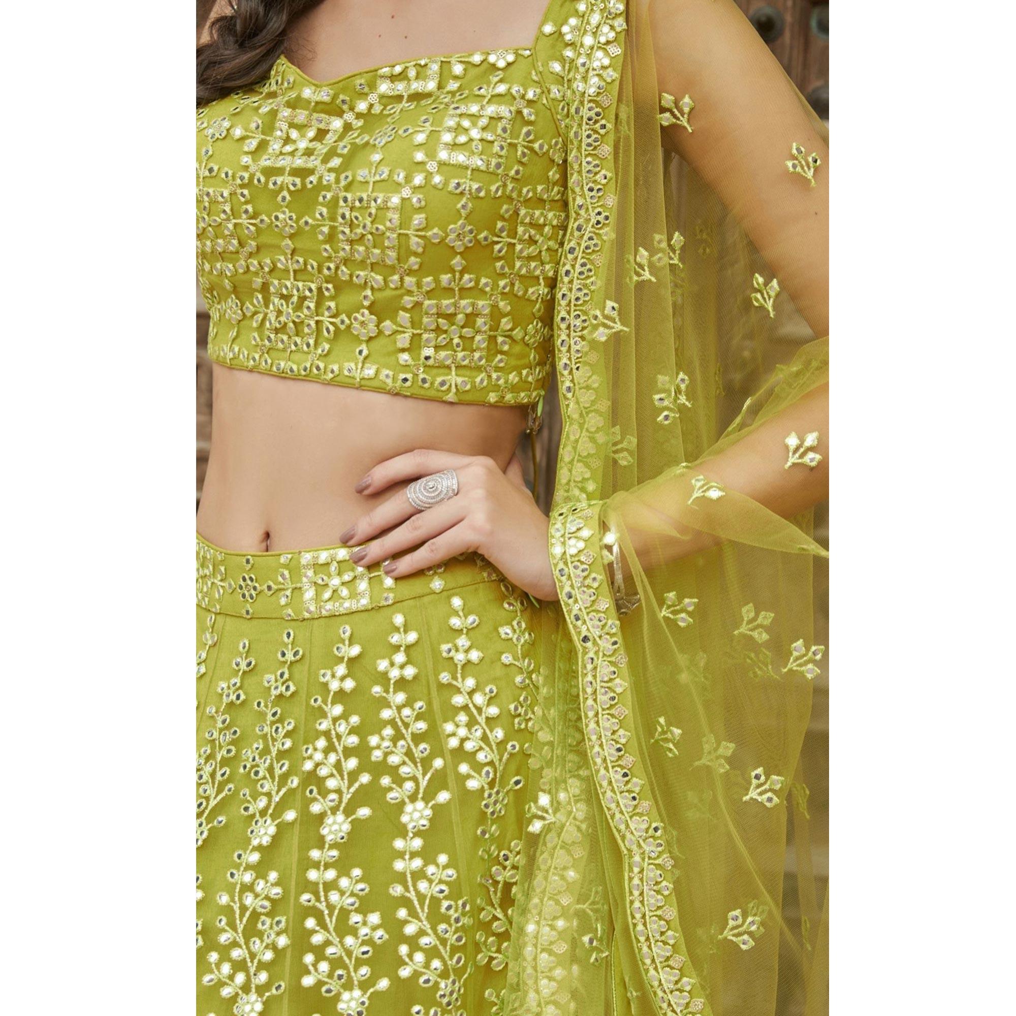 Pista Green Wedding Wear Designer Embroidered Organza Lahenga Choli - Peachmode