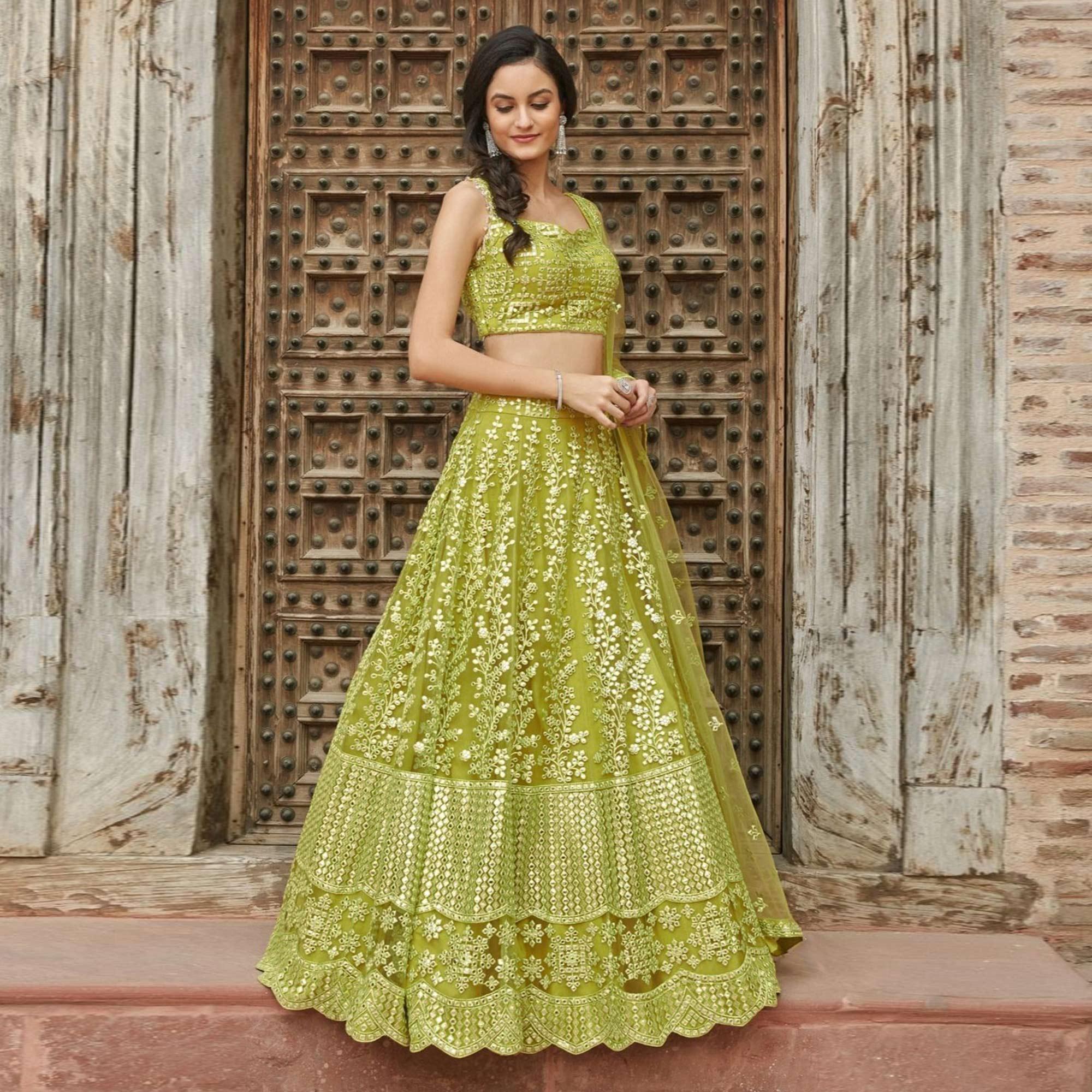 Pista Green Wedding Wear Designer Embroidered Organza Lahenga Choli - Peachmode