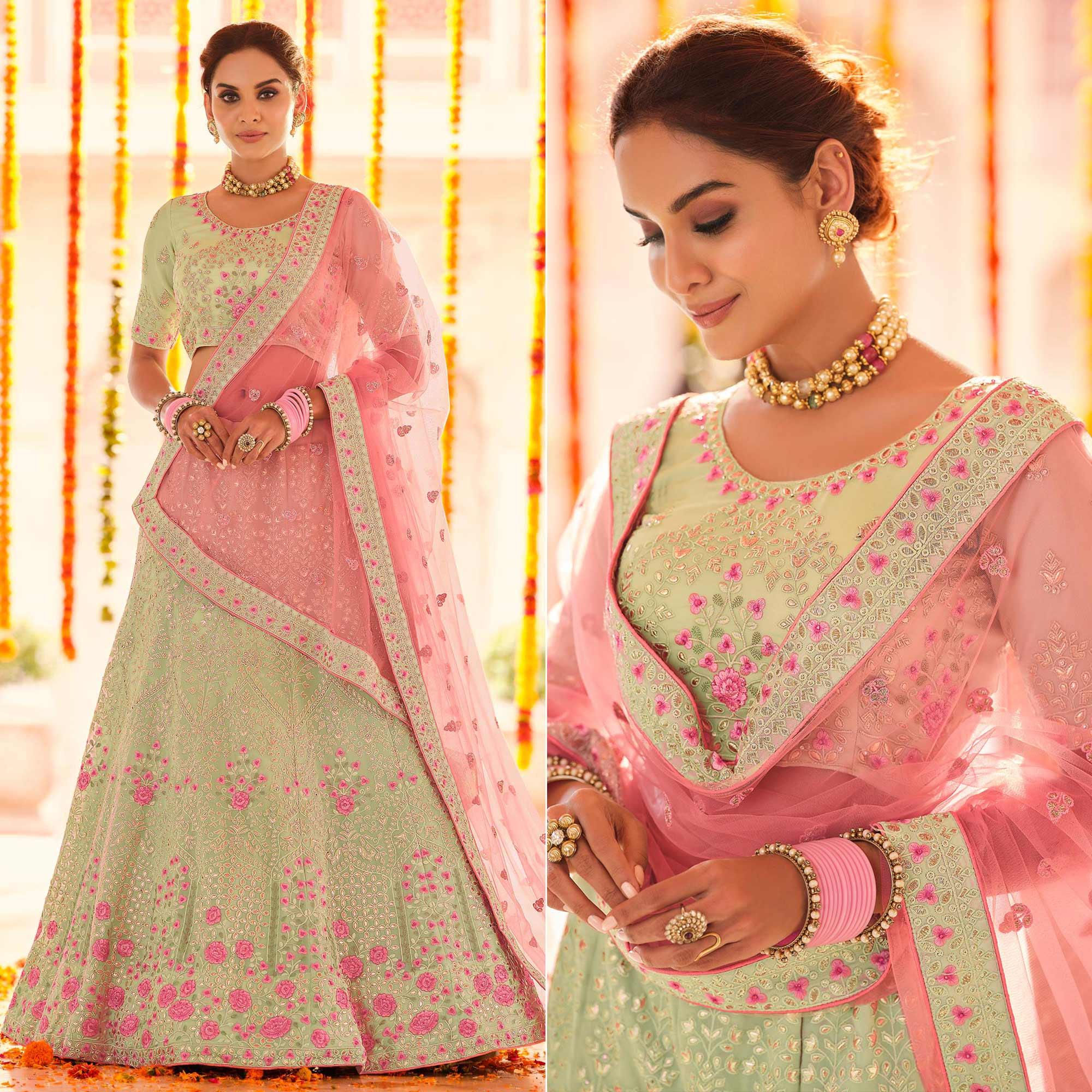 Pista Green Wedding Wear Heavy Embroidered Georgette Lehenga Choli - Peachmode
