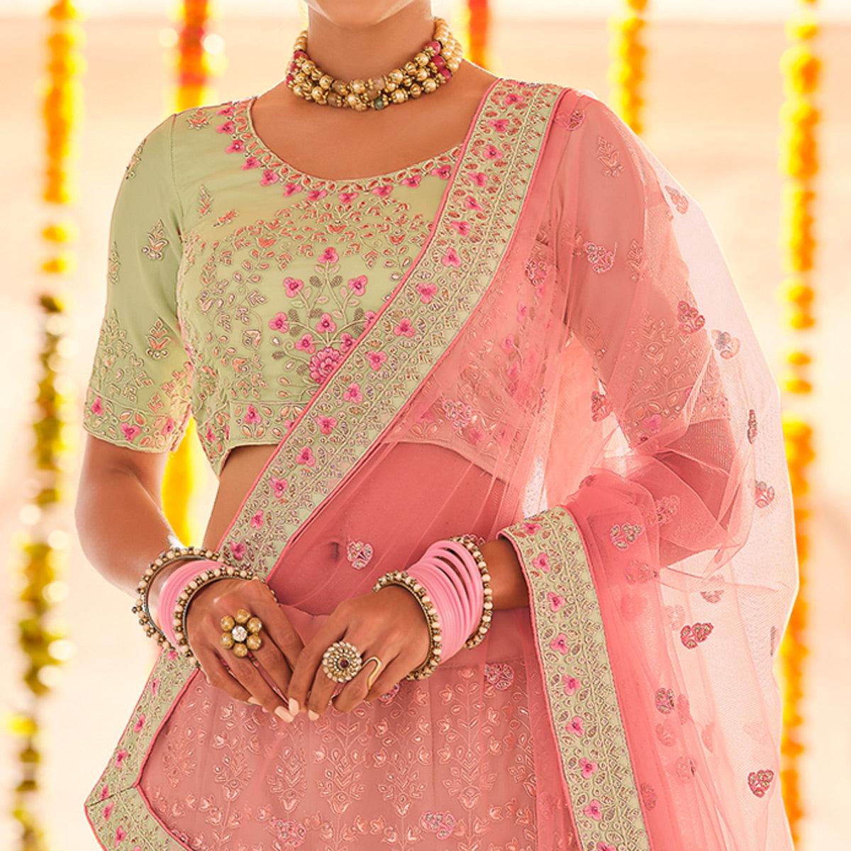 Pista Green Wedding Wear Heavy Embroidered Georgette Lehenga Choli - Peachmode