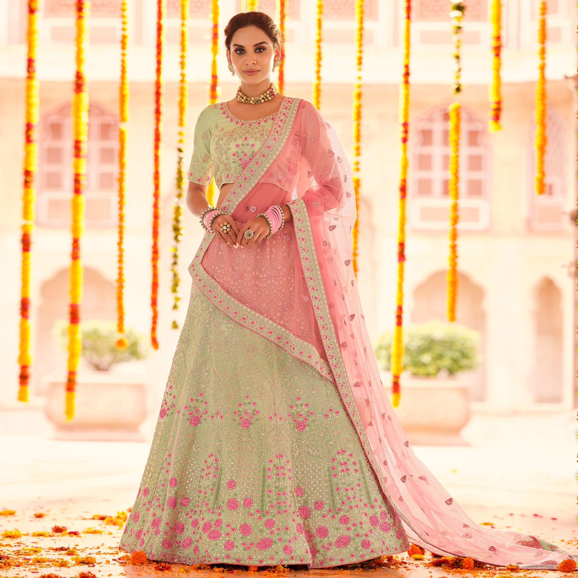 Pista Green Wedding Wear Heavy Embroidered Georgette Lehenga Choli - Peachmode