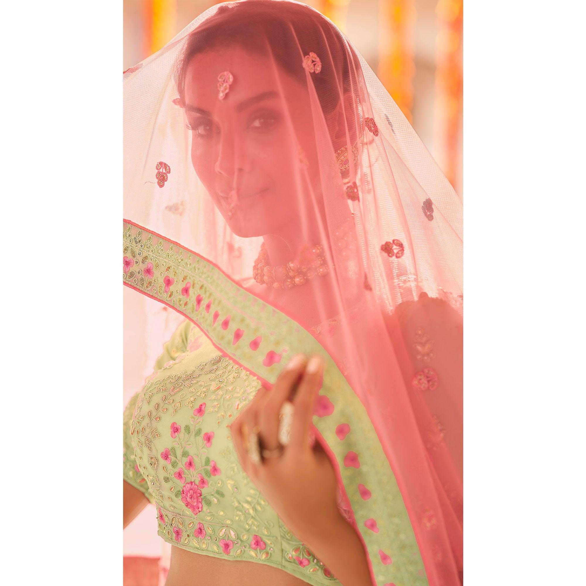 Pista Green Wedding Wear Heavy Embroidered Georgette Lehenga Choli - Peachmode