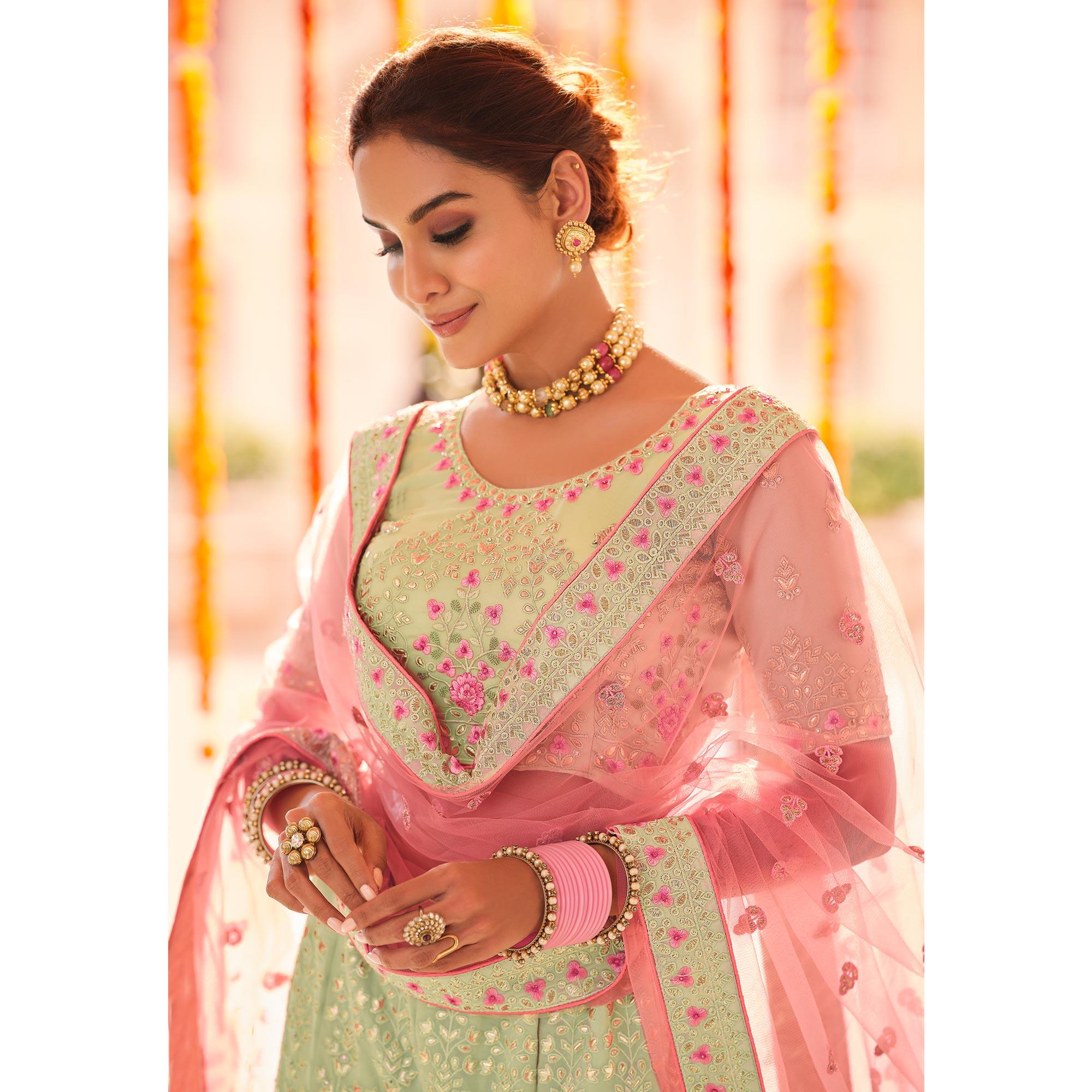 Pista Green Wedding Wear Heavy Embroidered Georgette Lehenga Choli - Peachmode