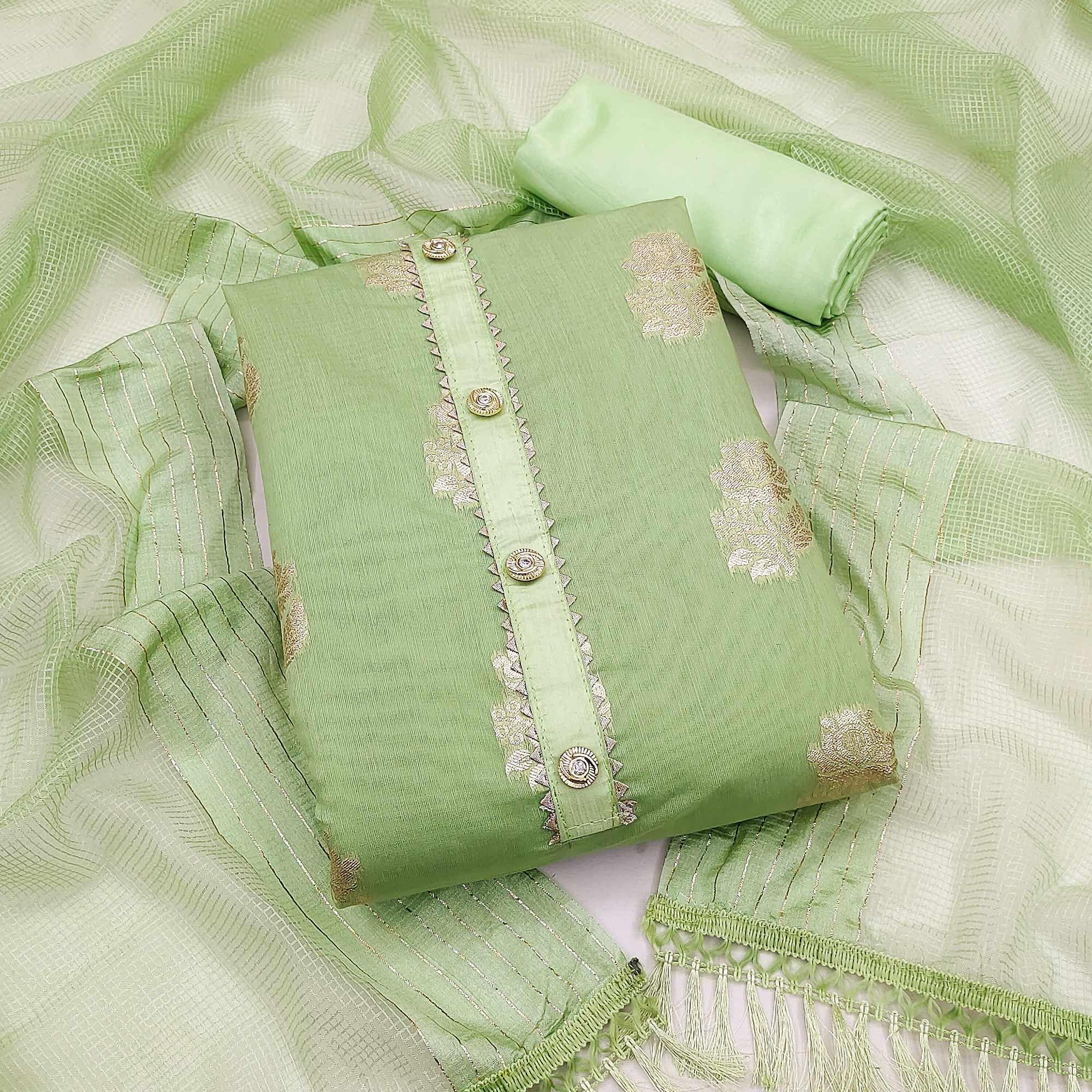 Pista Green Woven Banarasi Silk Dress Material - Peachmode