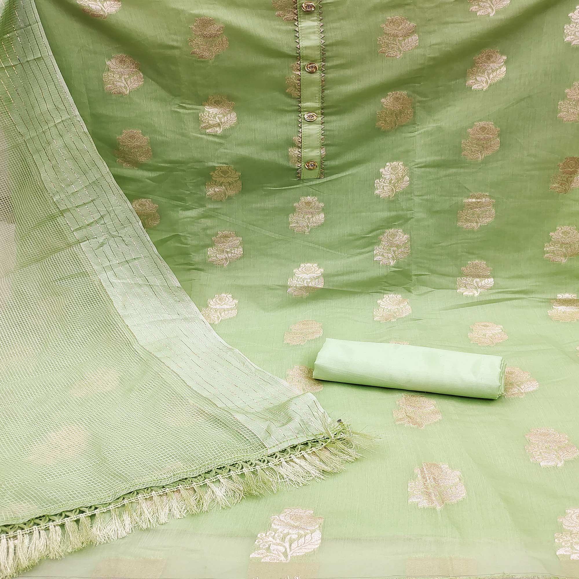 Pista Green Woven Banarasi Silk Dress Material - Peachmode