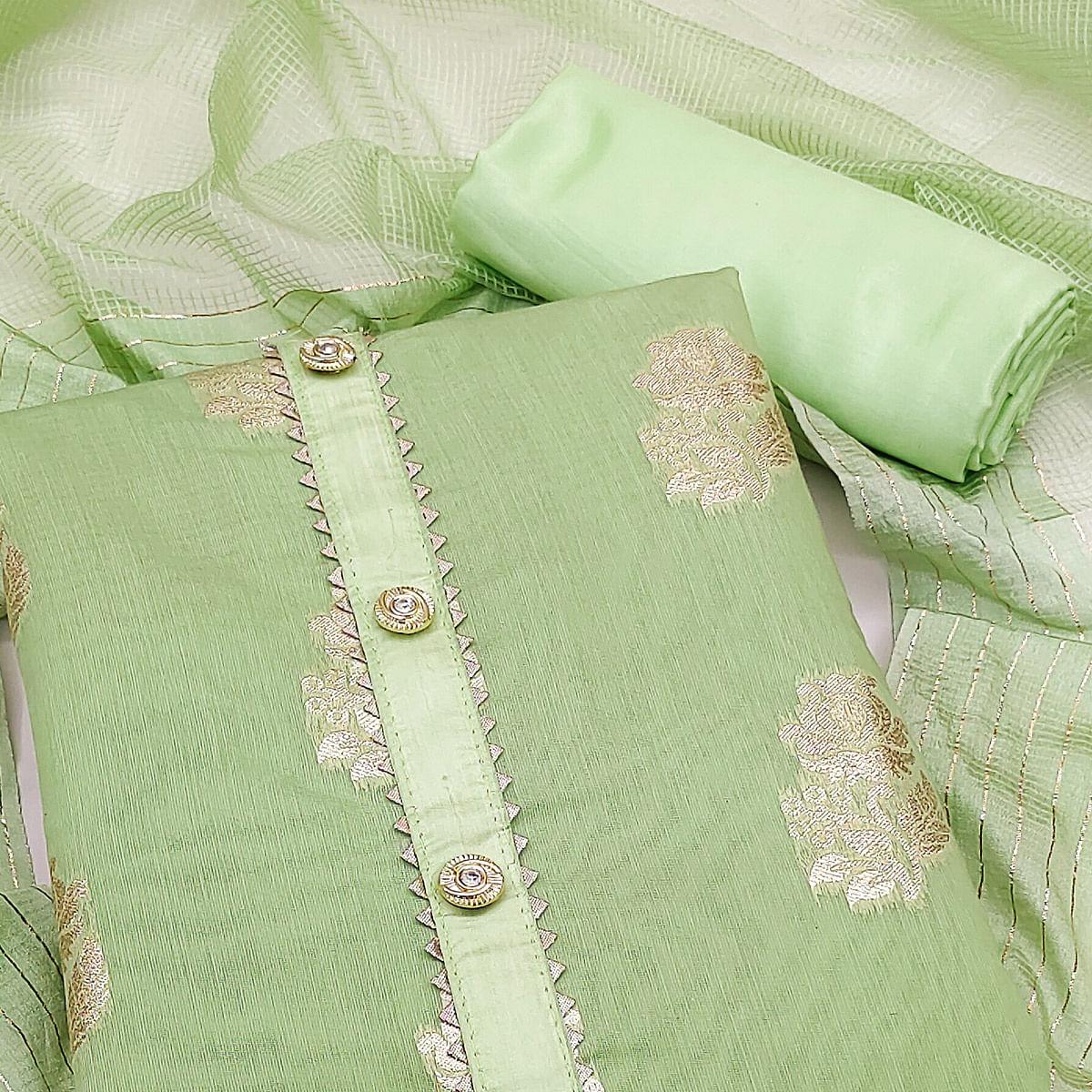 Pista Green Woven Banarasi Silk Dress Material - Peachmode
