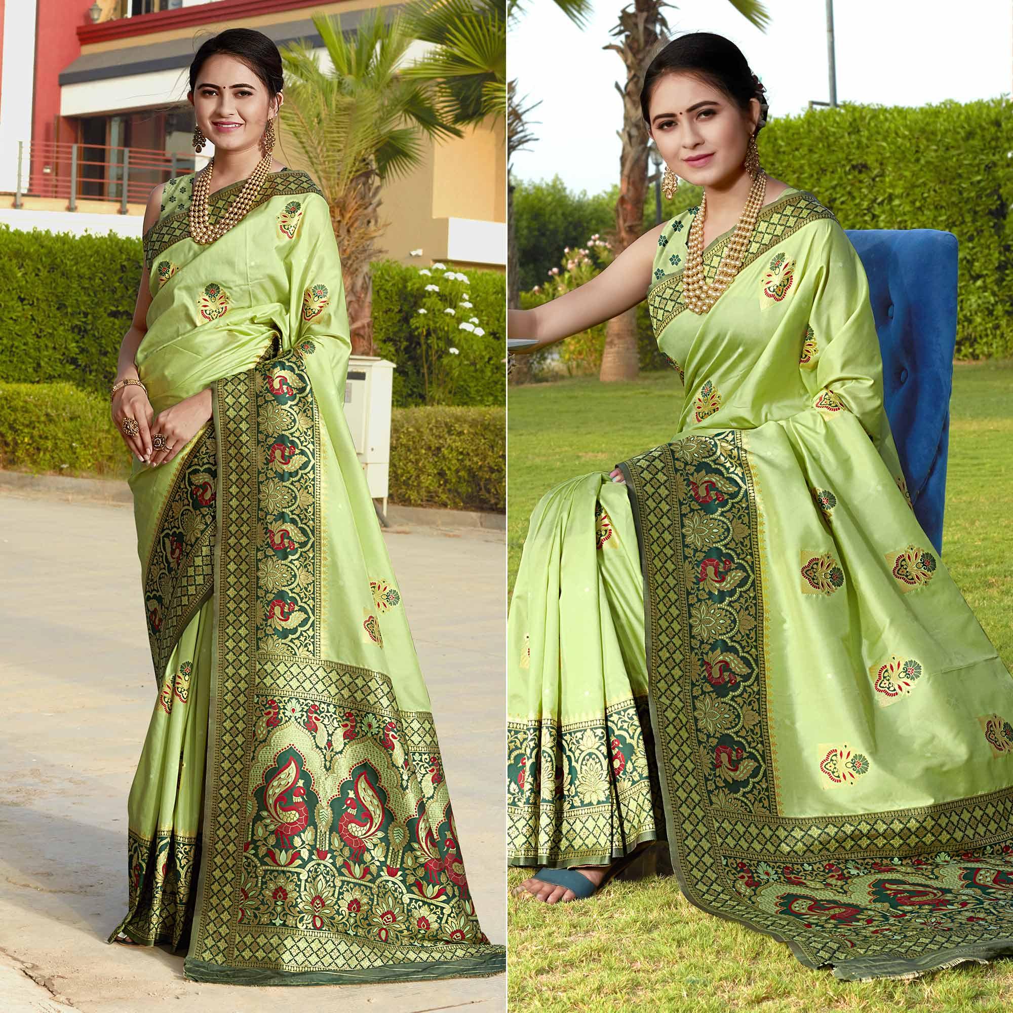 Pista Green Woven Banarasi Silk Saree - Peachmode