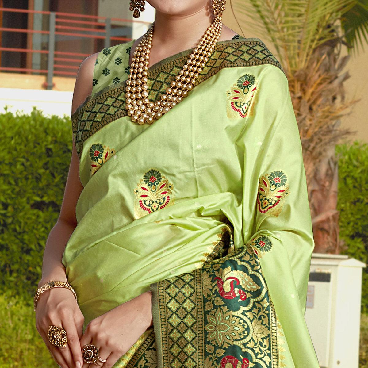 Pista Green Woven Banarasi Silk Saree - Peachmode
