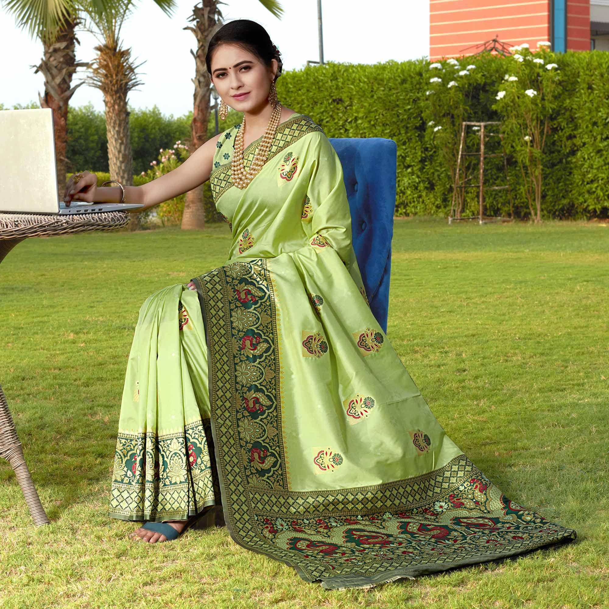 Pista Green Woven Banarasi Silk Saree - Peachmode