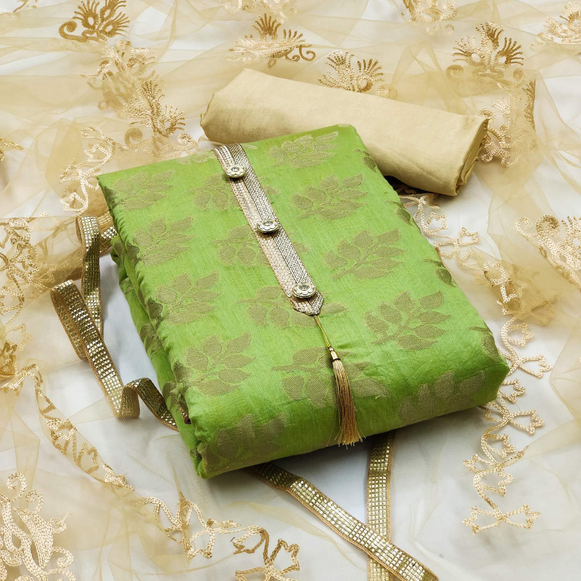 Pista Green Woven Chanderi Dress Material - Peachmode
