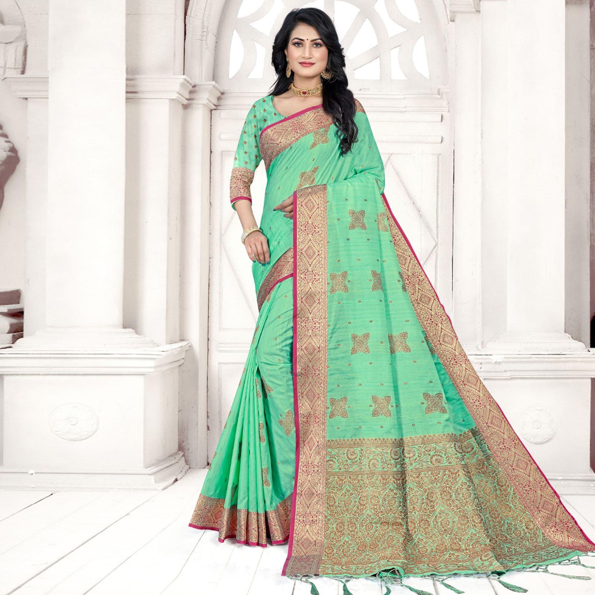 Pista Green Woven Cotton Silk Saree - Peachmode
