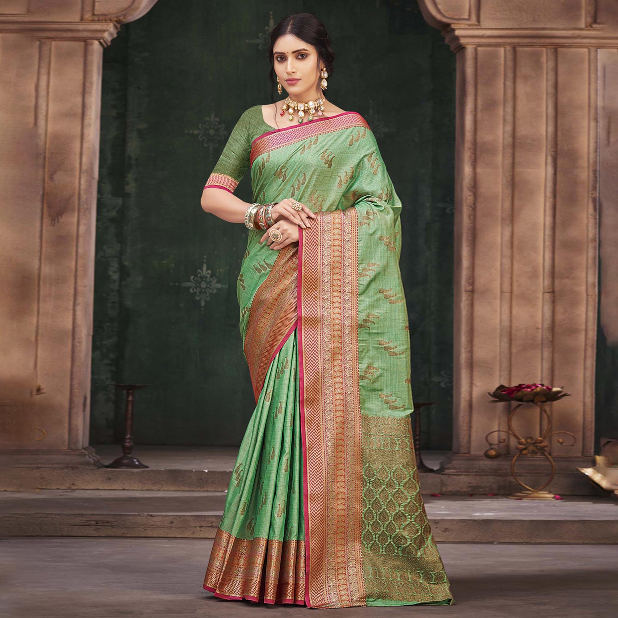 Pista Green Woven Cotton Silk Saree - Peachmode