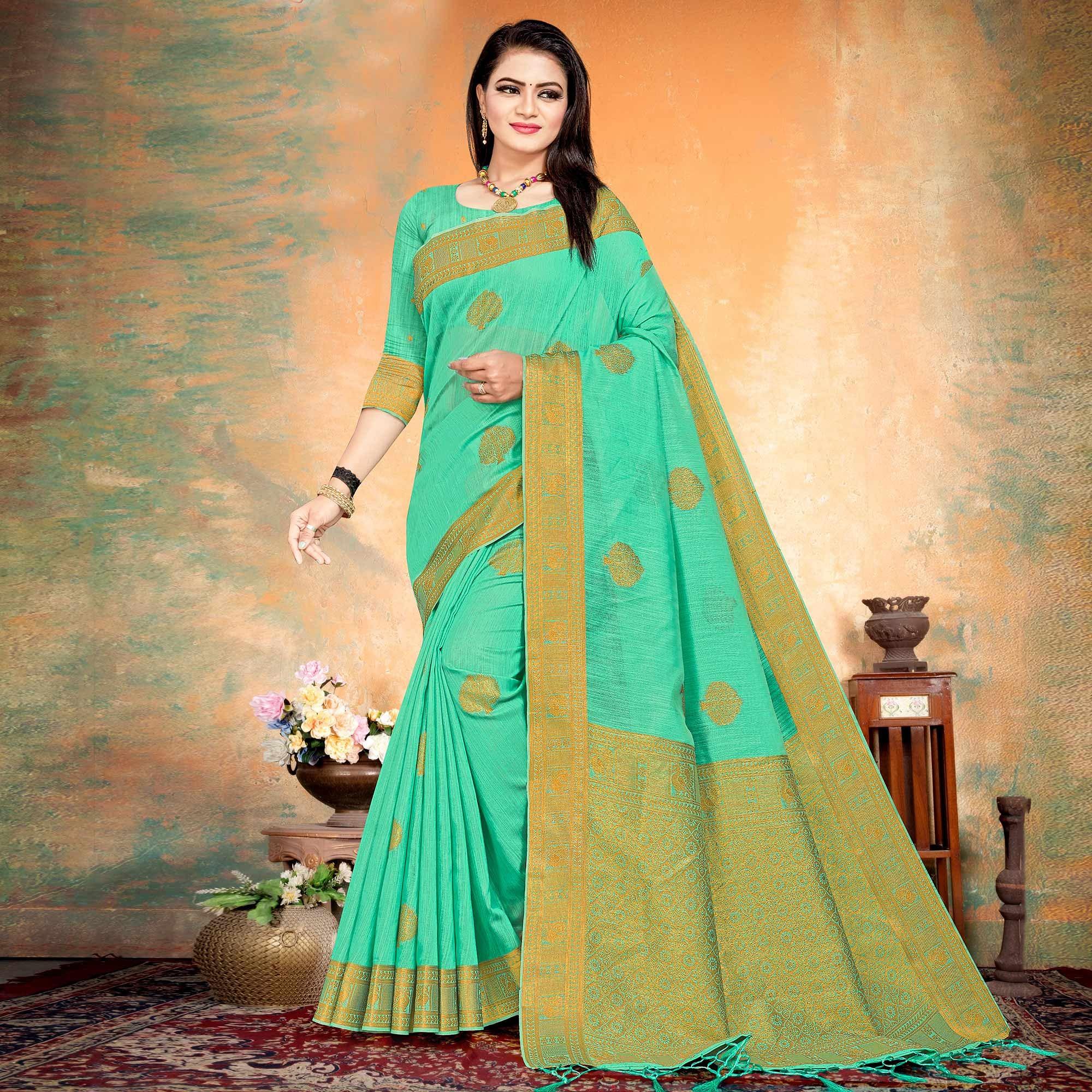 Pista Green Woven Cotton Silk Saree - Peachmode