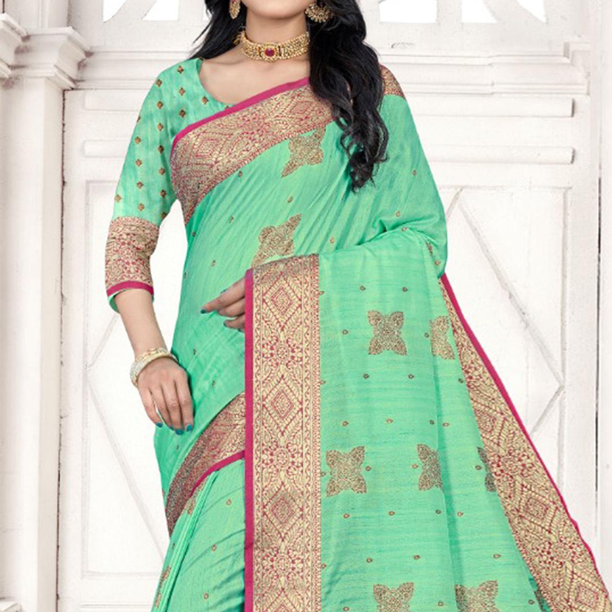 Pista Green Woven Cotton Silk Saree - Peachmode
