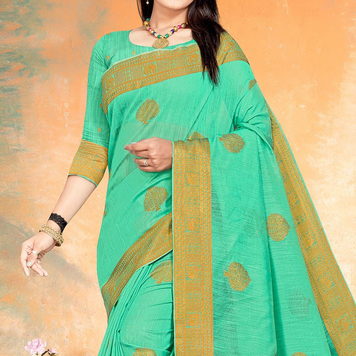 Pista Green Woven Cotton Silk Saree - Peachmode