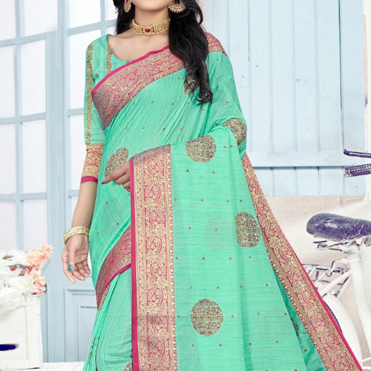 Pista Green Woven Cotton Silk Saree With Tassels - Peachmode