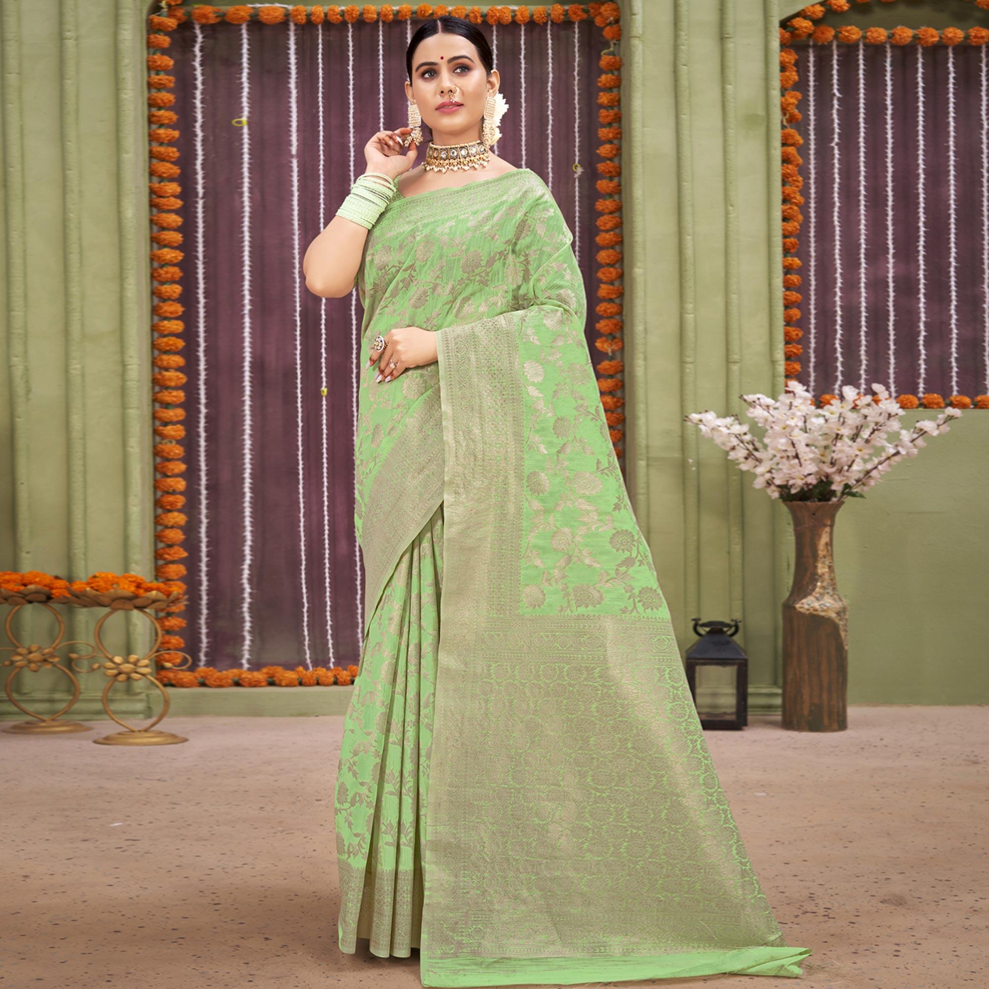 Pista Green Woven Linen Saree - Peachmode
