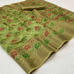 Pista Green Woven Organza Saree - Peachmode