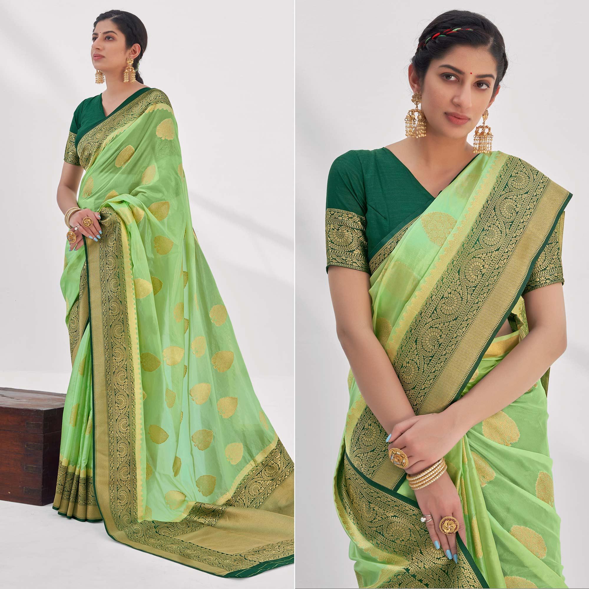 Pista Green Woven Organza Saree - Peachmode