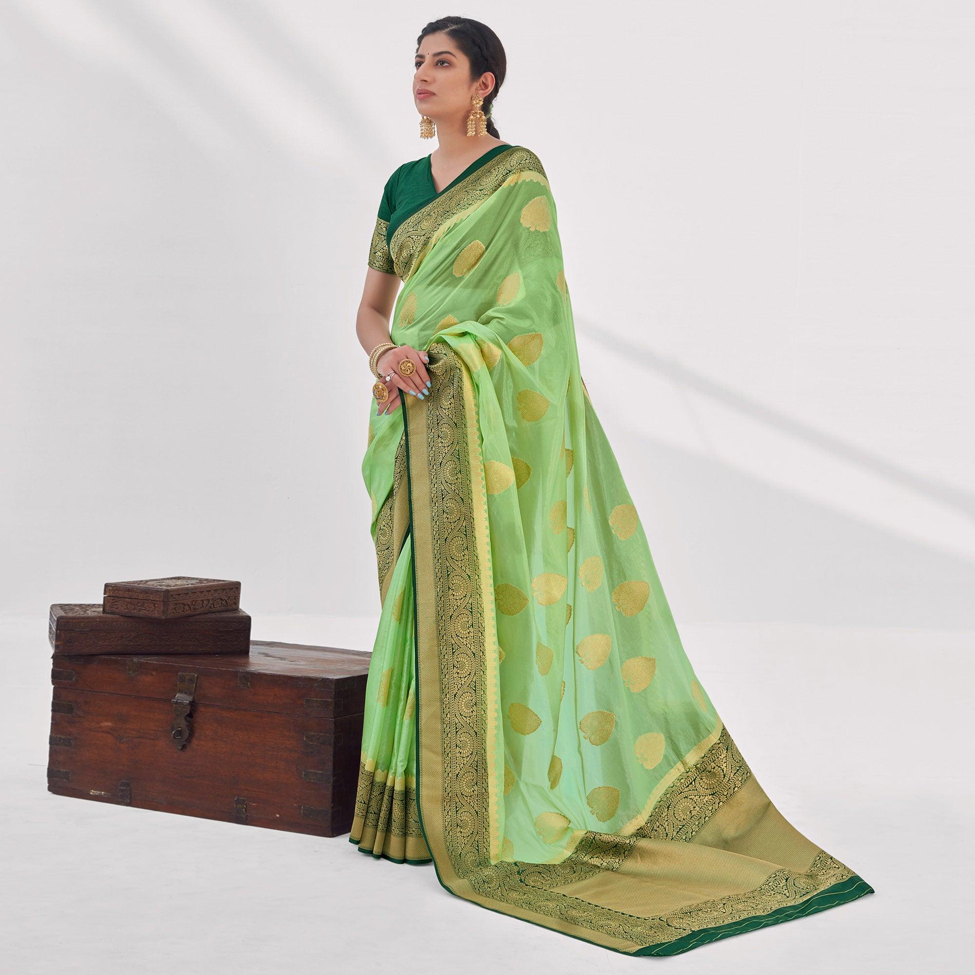 Pista Green Woven Organza Saree - Peachmode