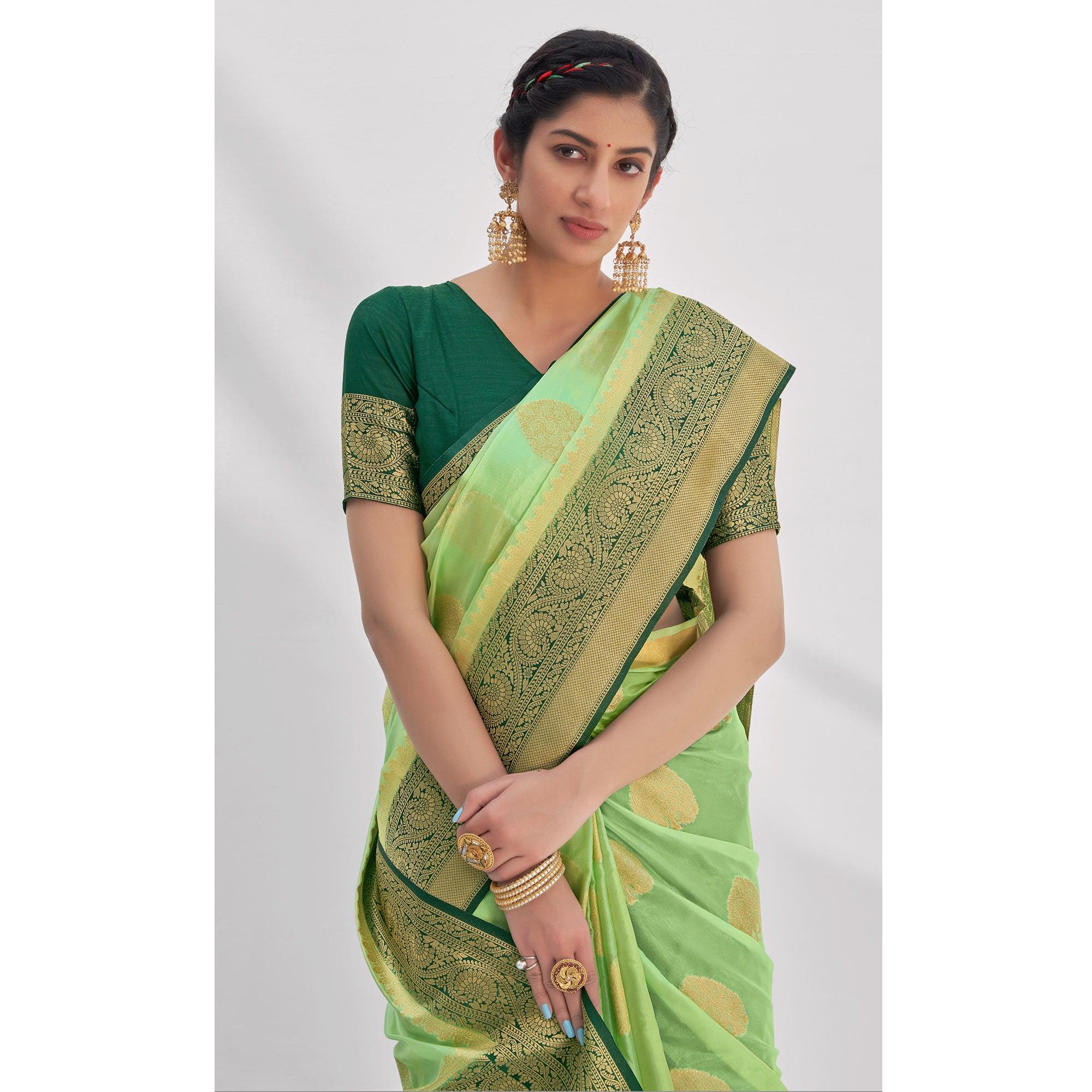 Pista Green Woven Organza Saree - Peachmode