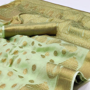 Pista Green Woven Poly Cotton Saree - Peachmode