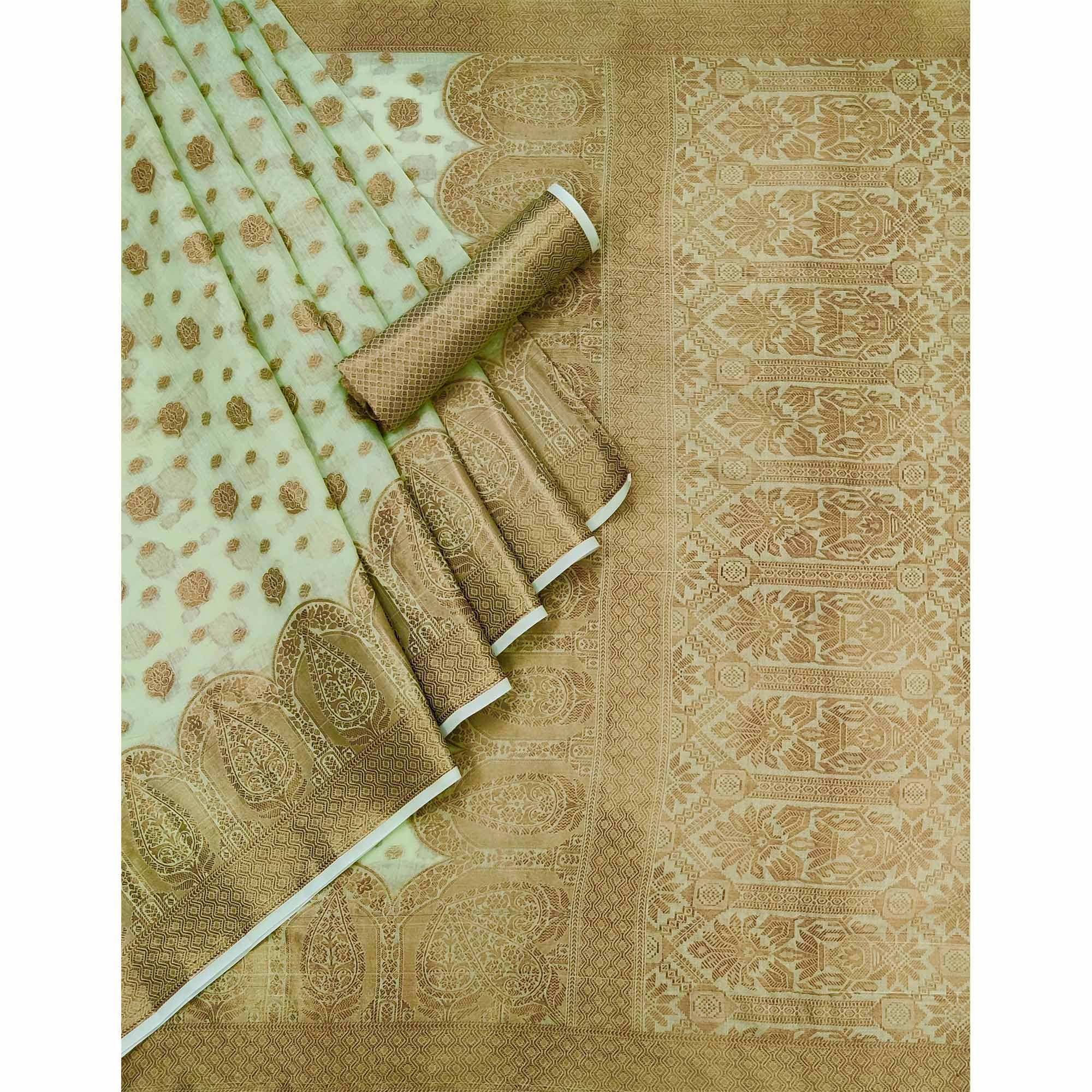Pista Green Woven Poly Cotton Saree - Peachmode