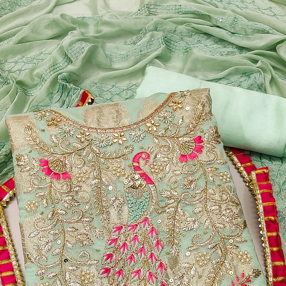 Pista Green Woven With Embellished Jacquard Dress Material - Peachmode