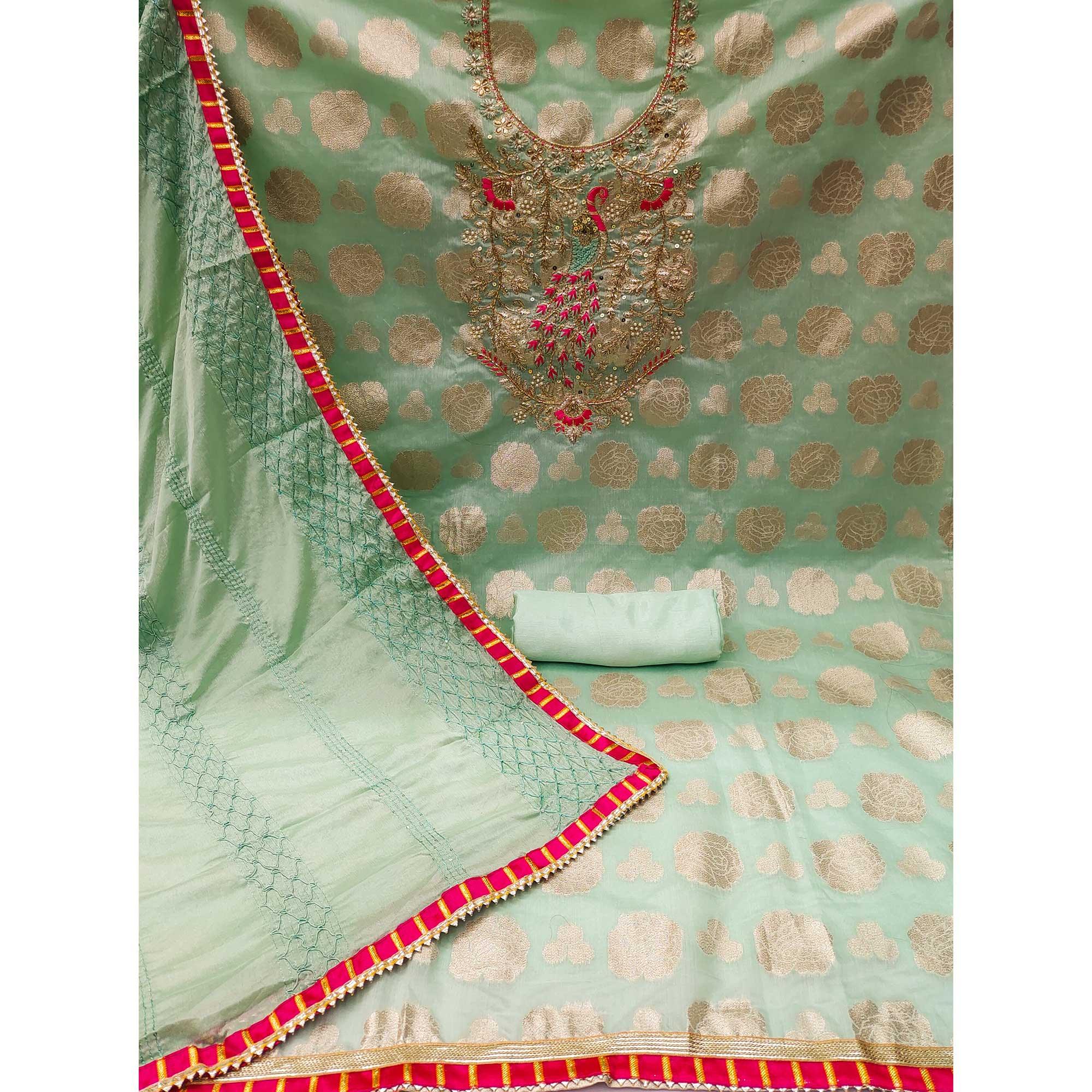 Pista Green Woven With Embellished Jacquard Dress Material - Peachmode