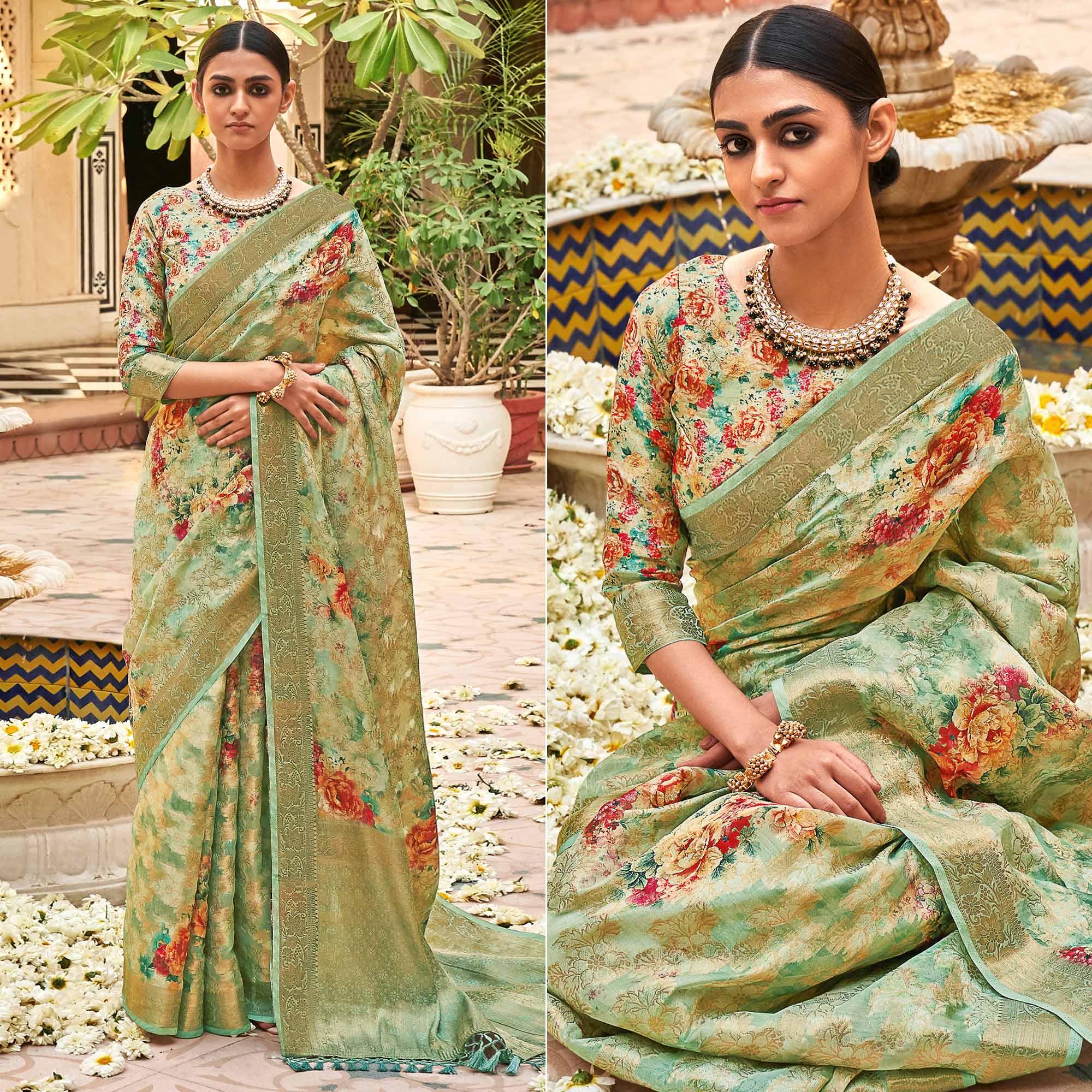 Pista Green Woven With Printed Cotton Silk Saree With Tassels - Peachmode