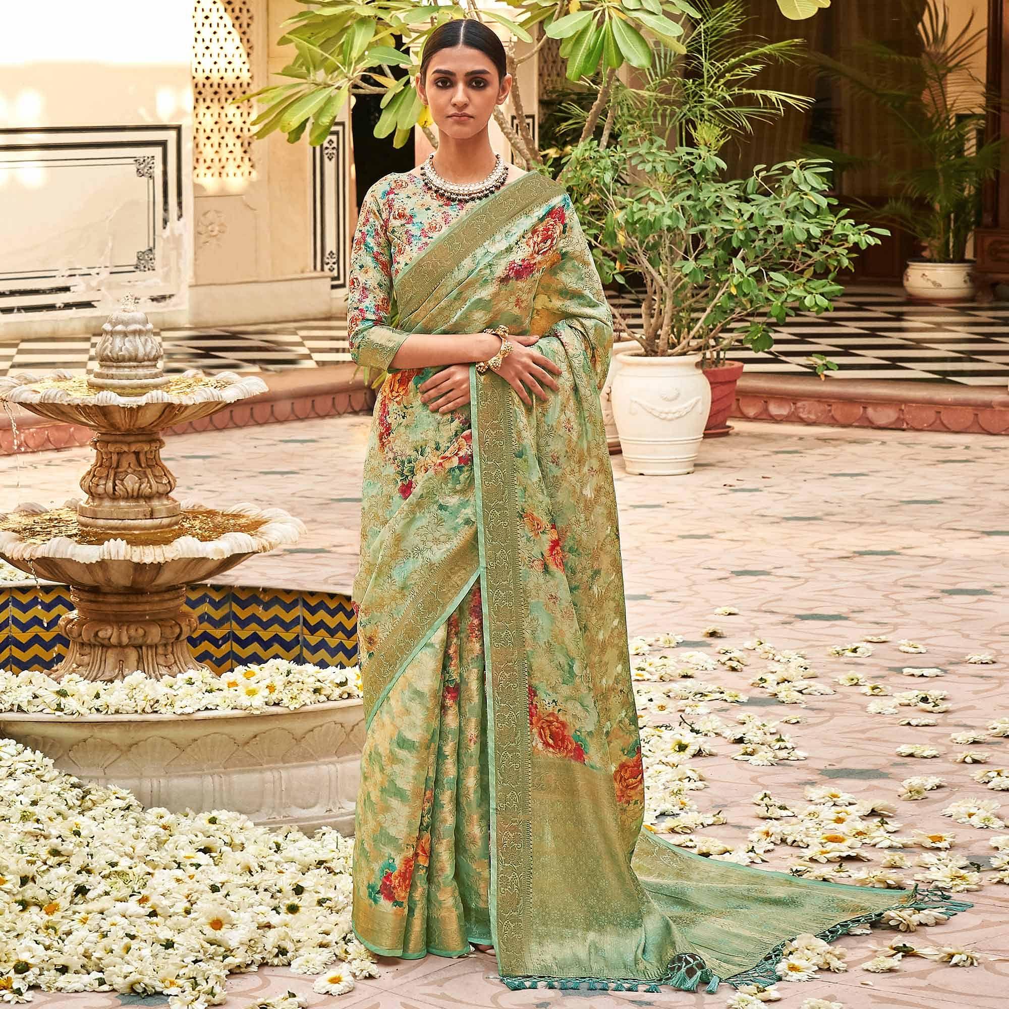 Pista Green Woven With Printed Cotton Silk Saree With Tassels - Peachmode
