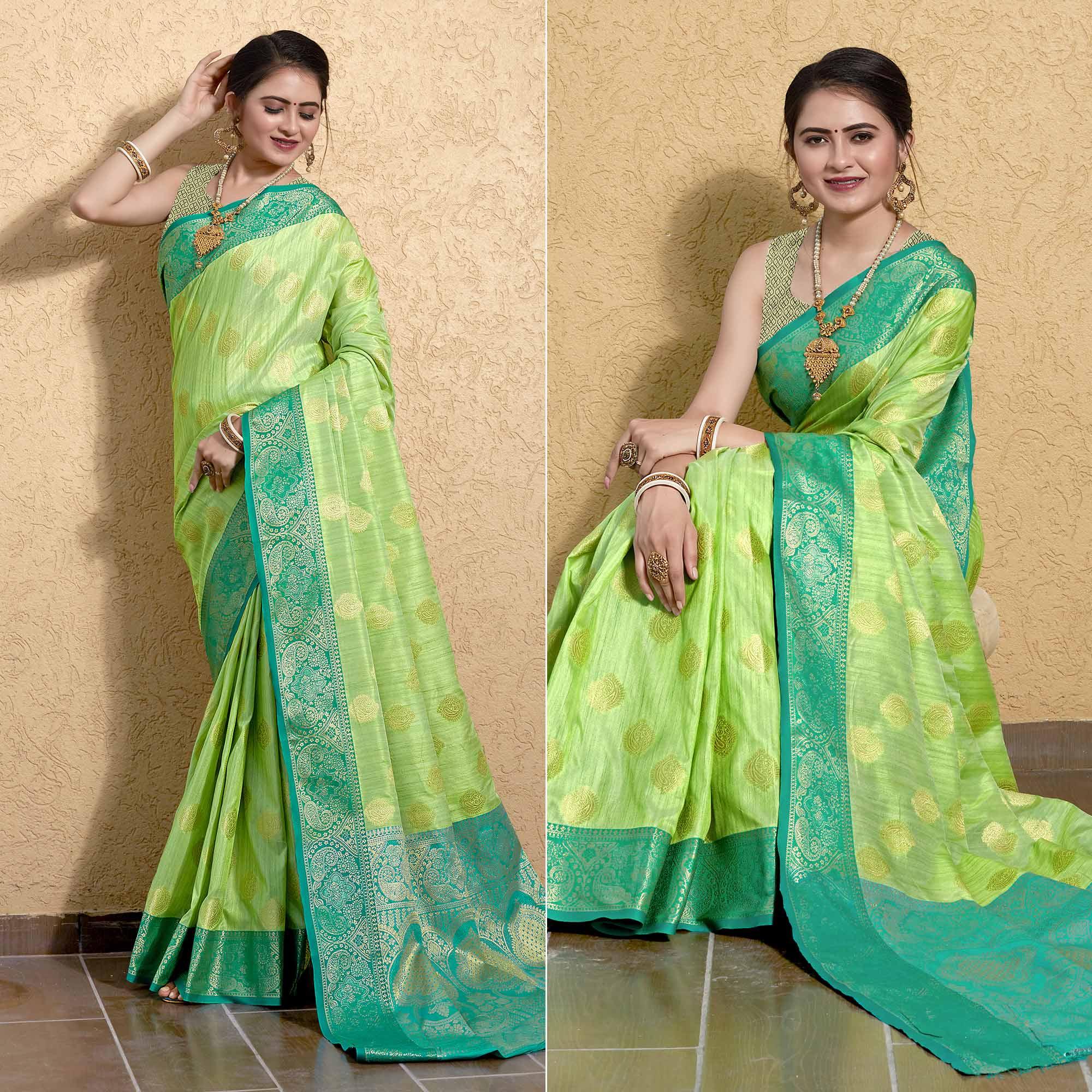 Pista Green Zari Woven Art Silk Saree - Peachmode