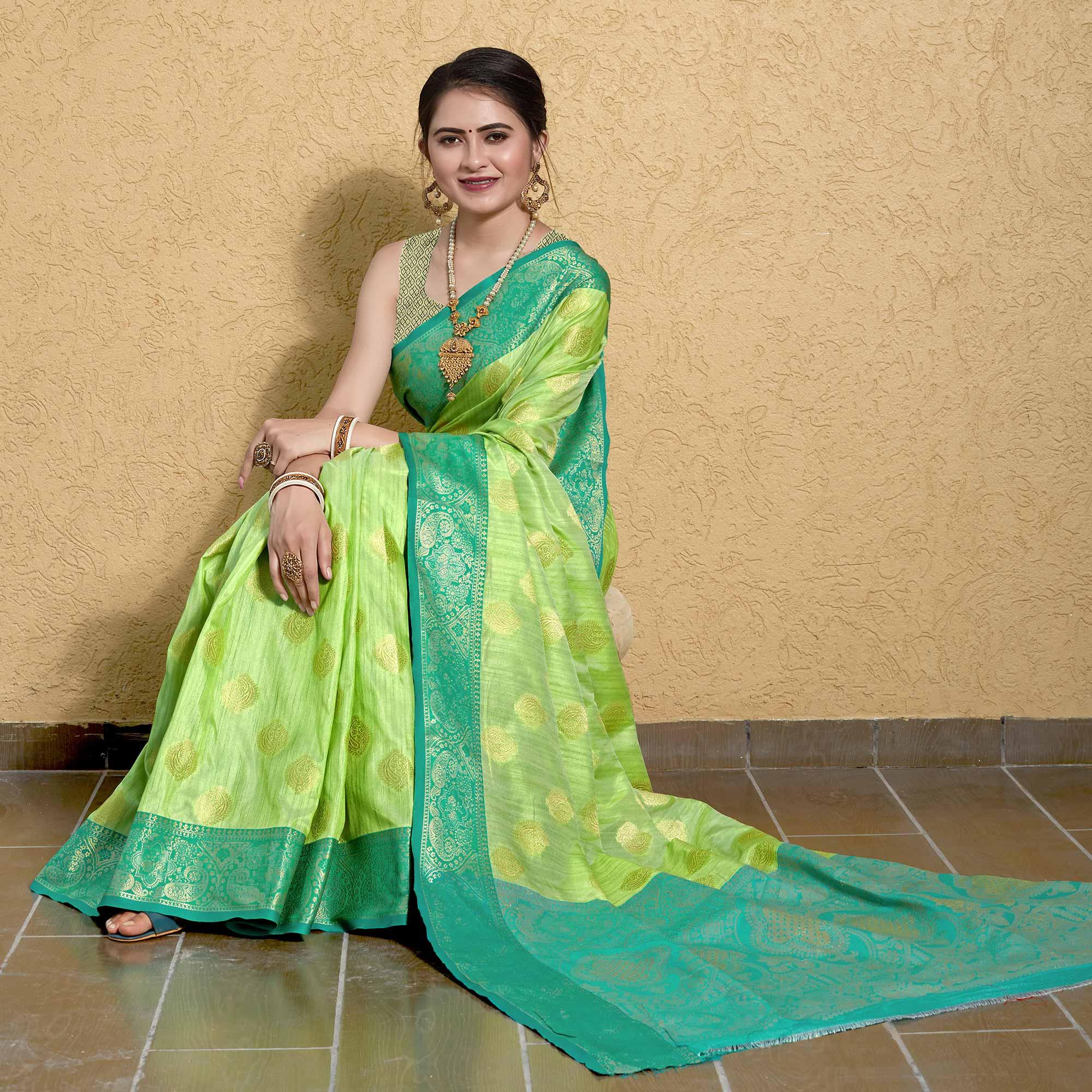 Pista Green Zari Woven Art Silk Saree - Peachmode