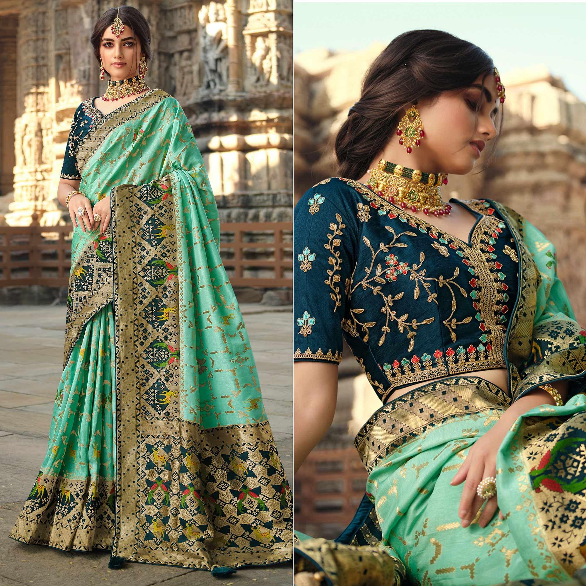 Pista Wedding Wear Woven Silk Saree With Tassels - Peachmode