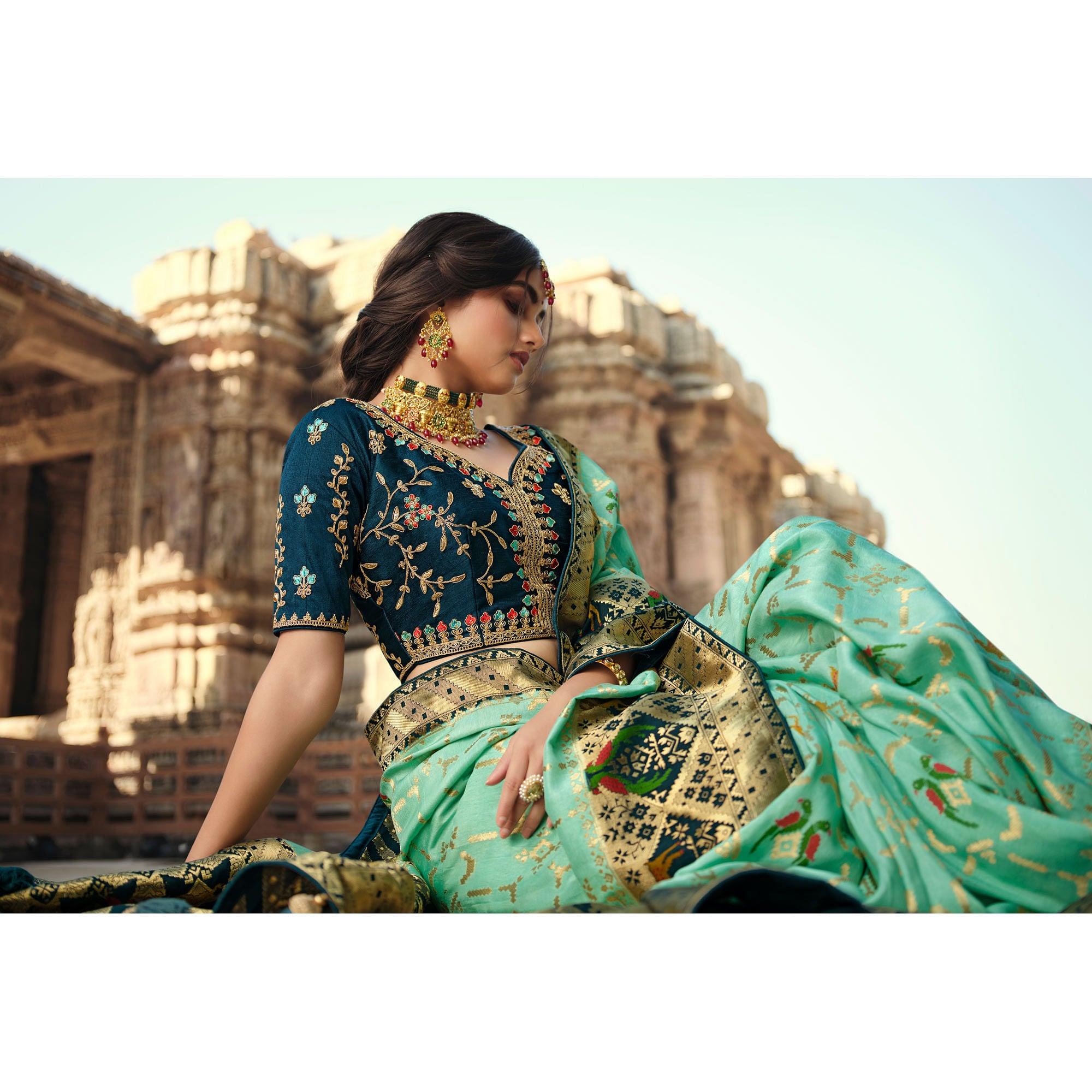Pista Wedding Wear Woven Silk Saree With Tassels - Peachmode