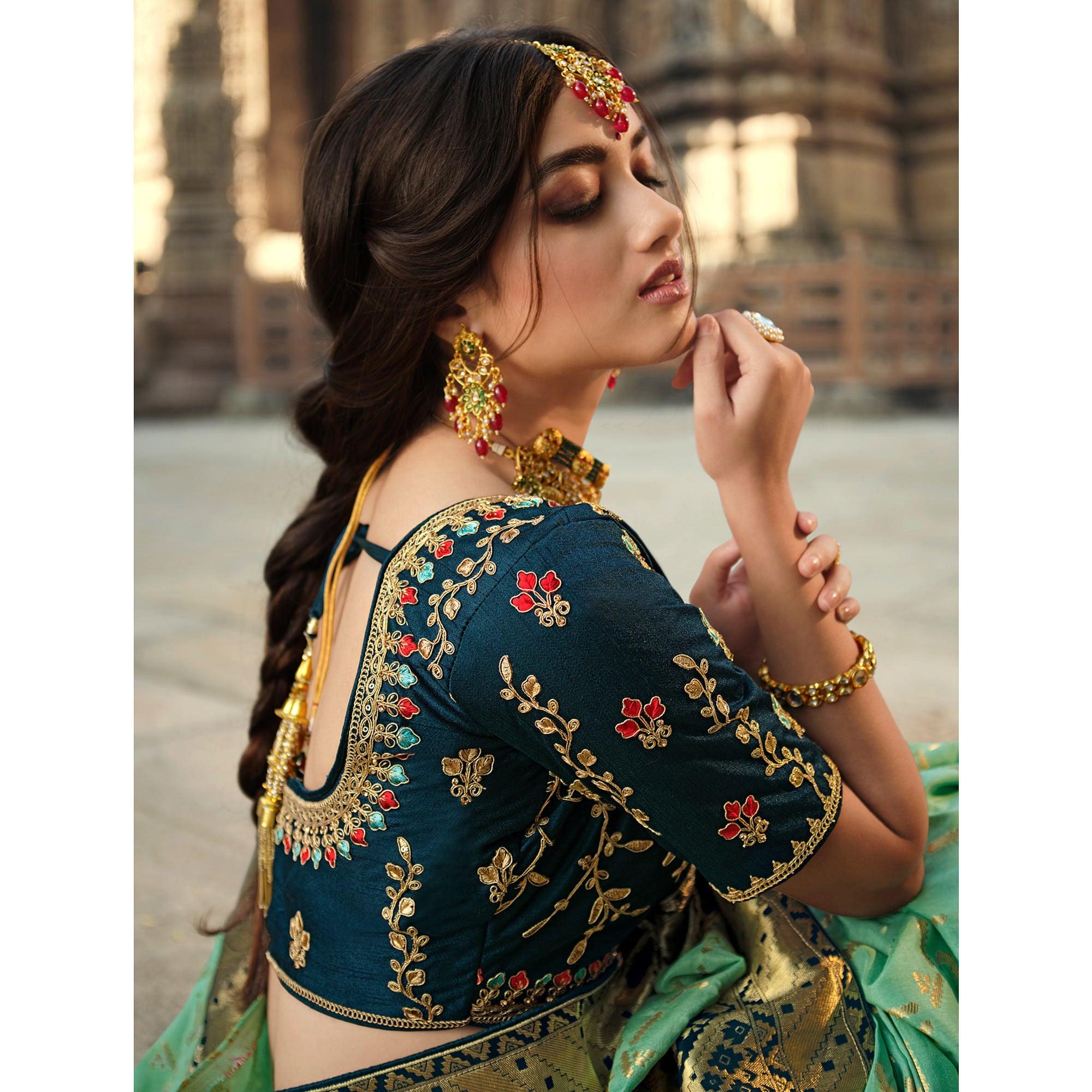 Pista Wedding Wear Woven Silk Saree With Tassels - Peachmode