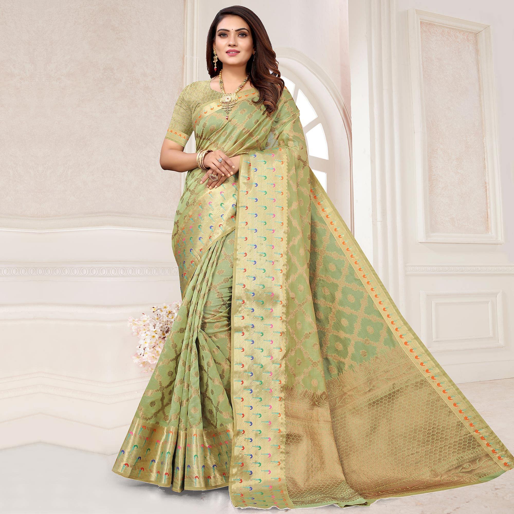 Pista Woven Organza Saree - Peachmode
