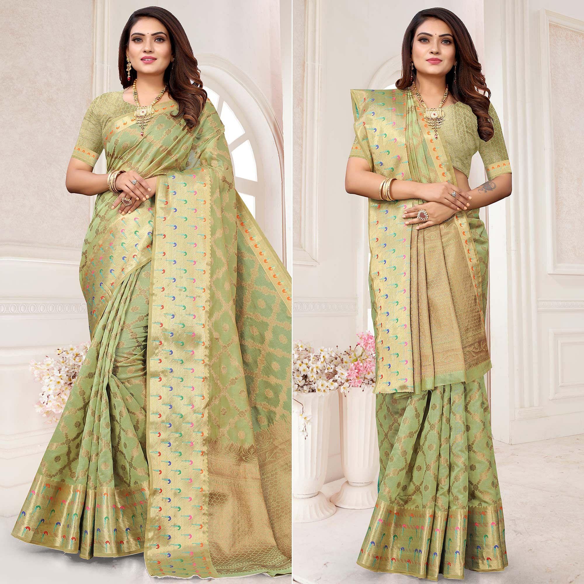 Pista Woven Organza Saree - Peachmode
