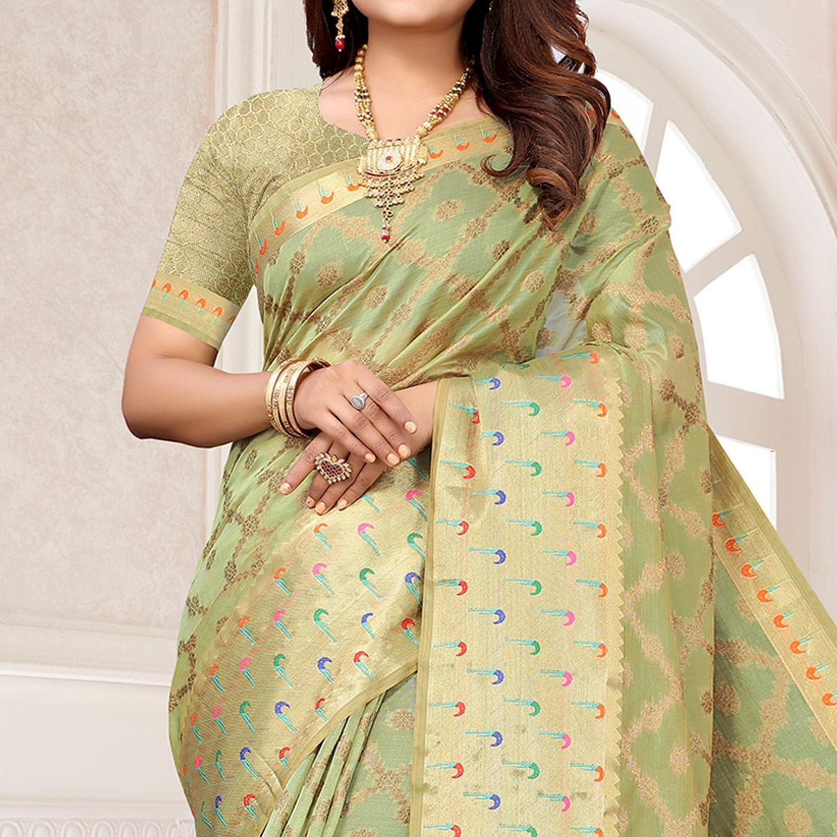 Pista Woven Organza Saree - Peachmode