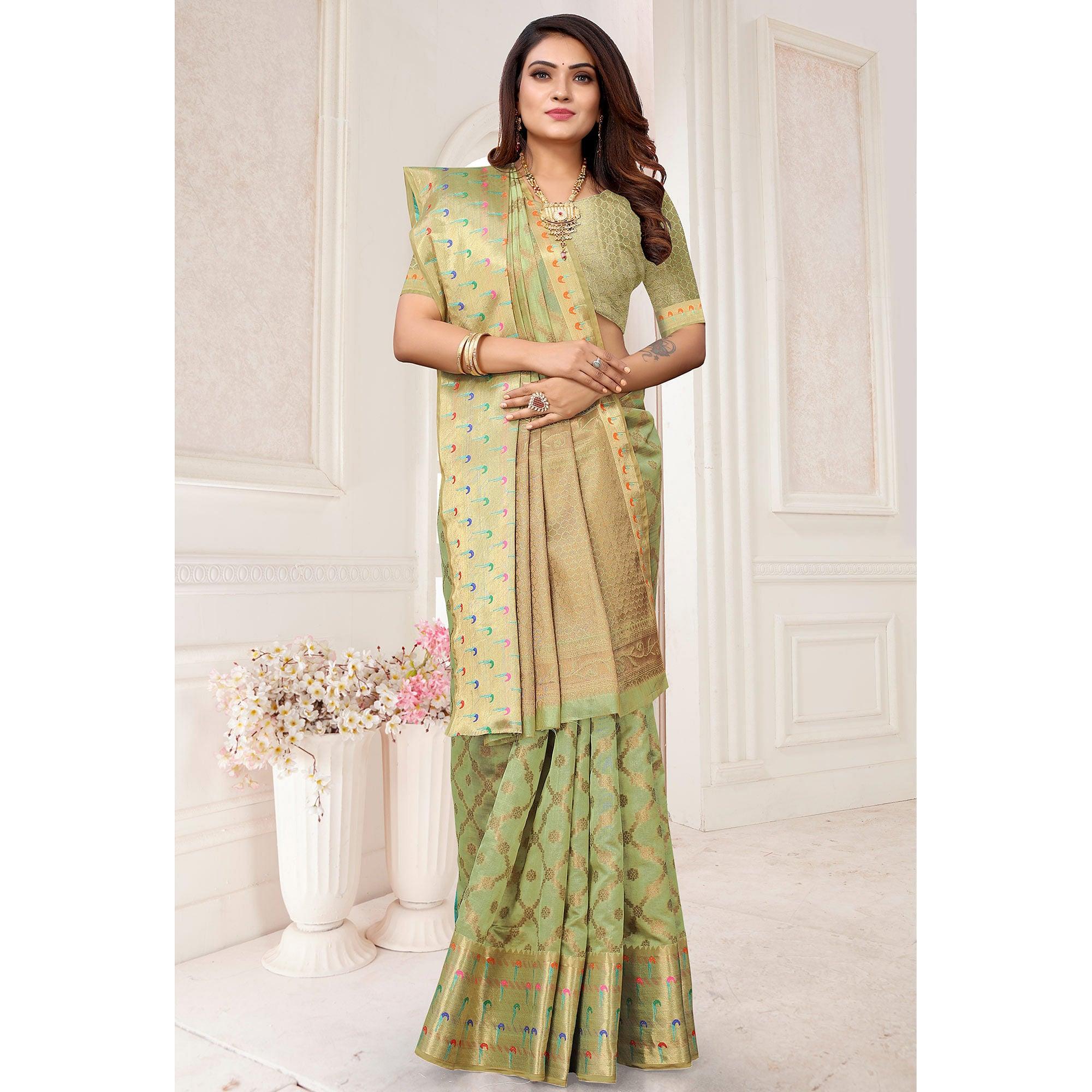 Pista Woven Organza Saree - Peachmode