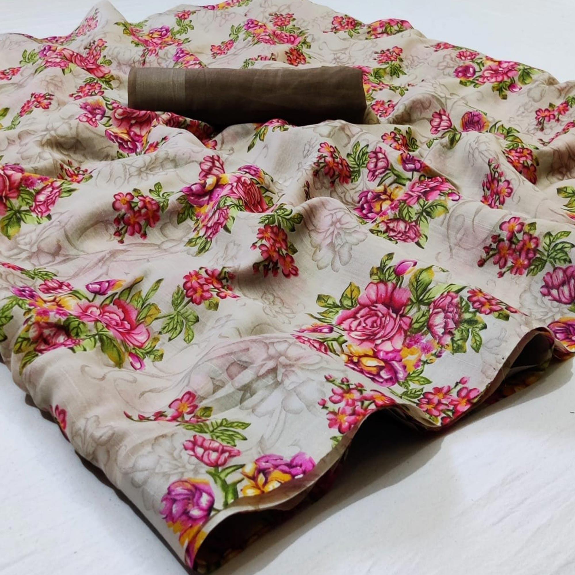 Pleasance Beige Colored Casual Wear Floral Printed Linen Saree - Peachmode
