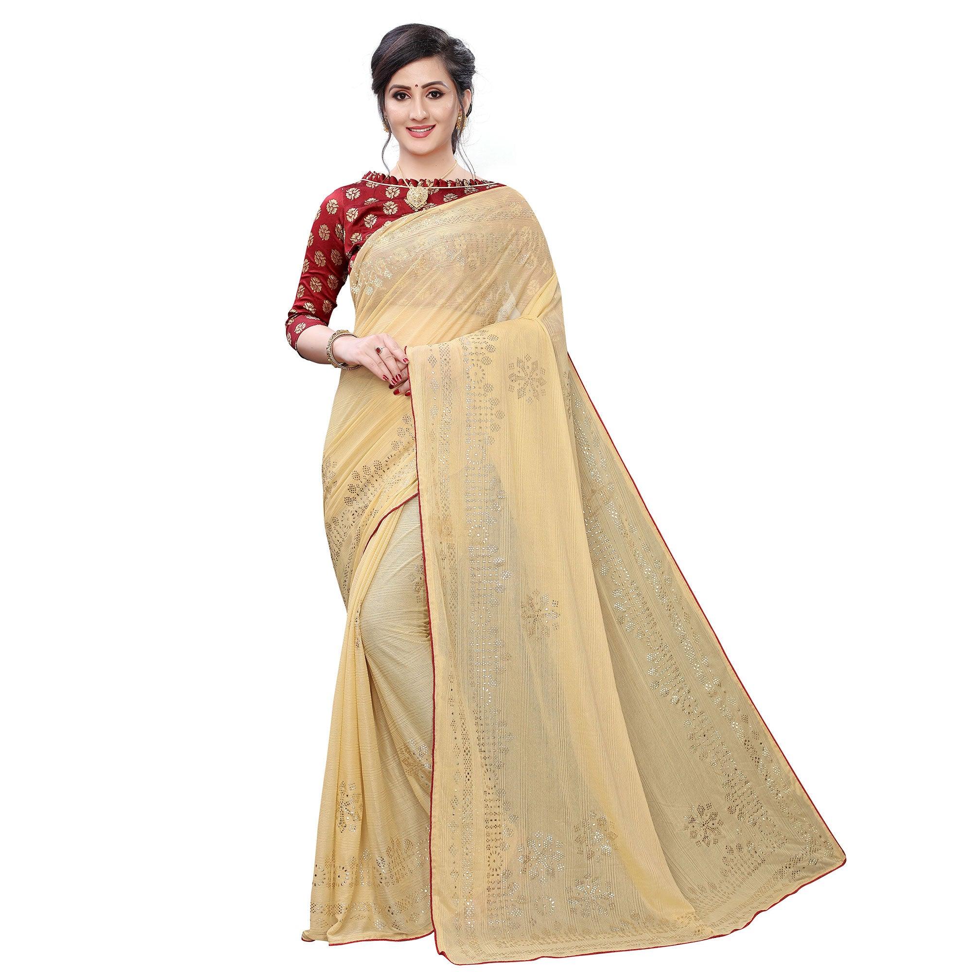 Pleasance Beige Colored Partywear Embelished Art Silk Saree - Peachmode