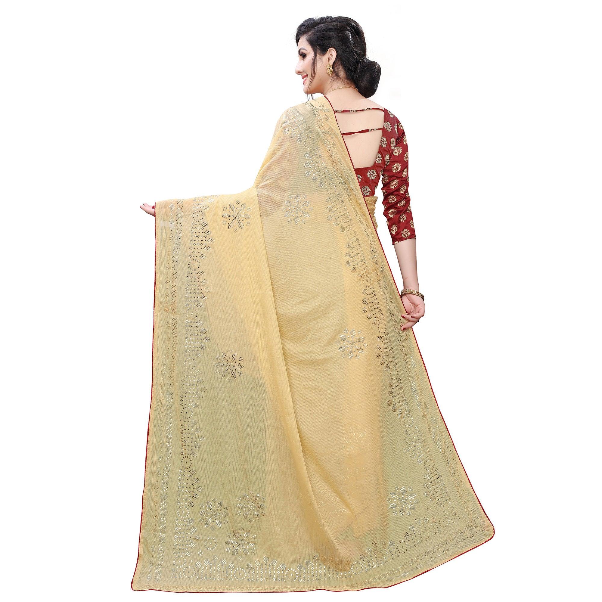 Pleasance Beige Colored Partywear Embelished Art Silk Saree - Peachmode