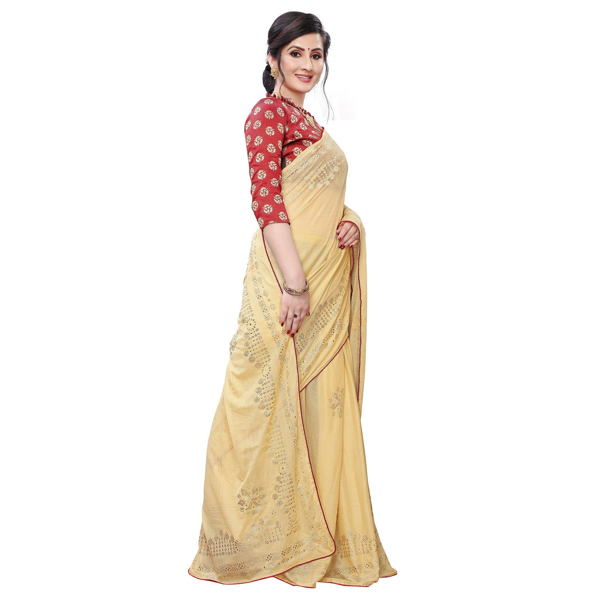 Pleasance Beige Colored Partywear Embelished Art Silk Saree - Peachmode