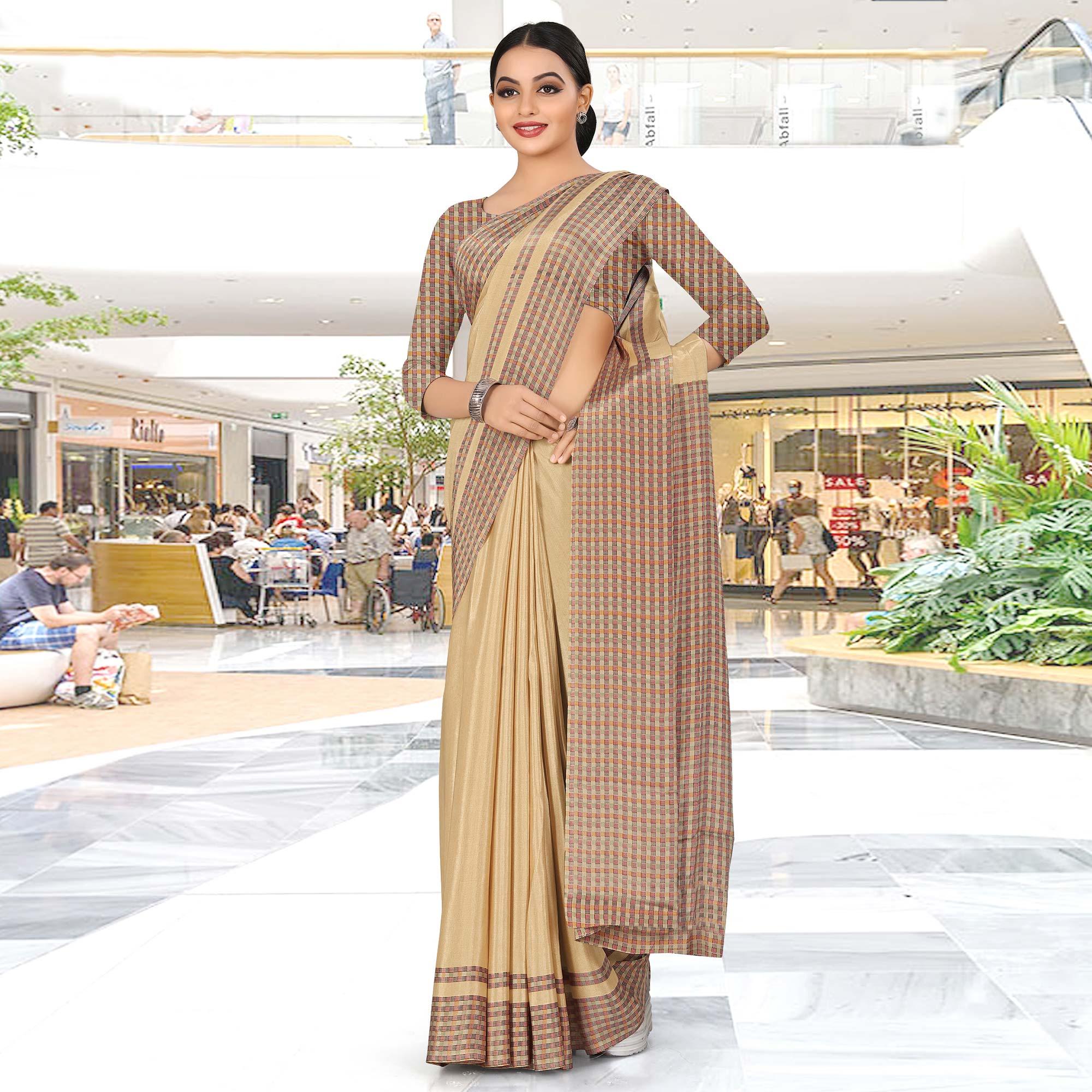 Pleasance Beige Coloured Casual Wear Printed Crepe Saree - Peachmode