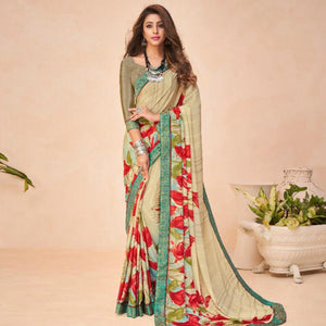 Pleasance Beige Coloured Casual Wear Printed Crepe Saree - Peachmode