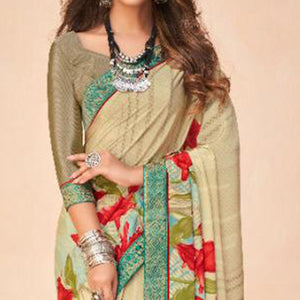 Pleasance Beige Coloured Casual Wear Printed Crepe Saree - Peachmode