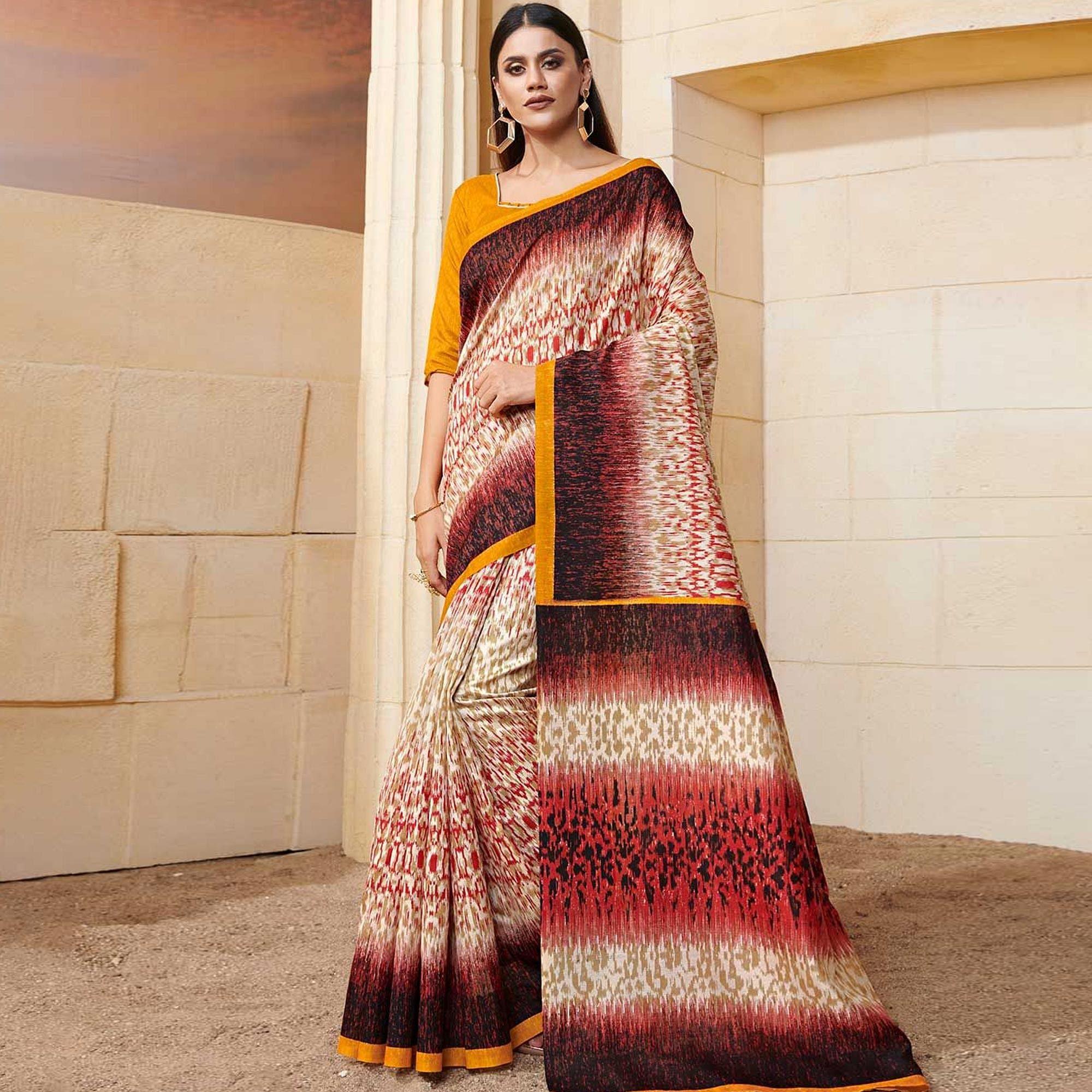 Pleasance Beige - Red Colored Casual Wear Printed Bhagalpuri Silk Saree - Peachmode