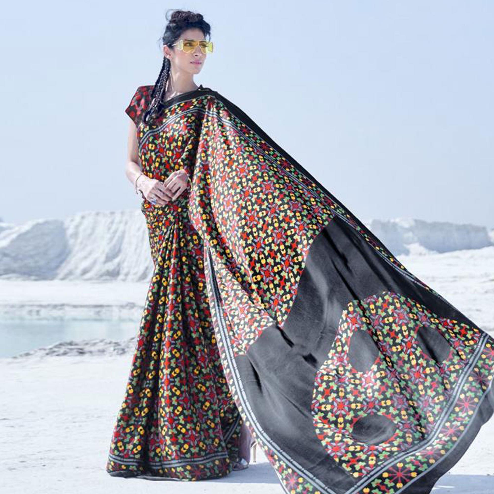 Pleasance Black Colored Casual Wear Printed Satin Crepe Saree - Peachmode